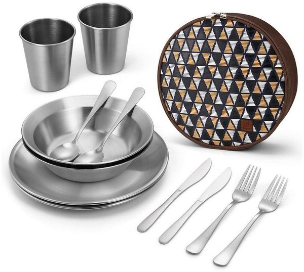 LuxusKollektion Besteck-Set Campingbesteck Set aus Edelstahl 13-teilig mit Etui und Teller
