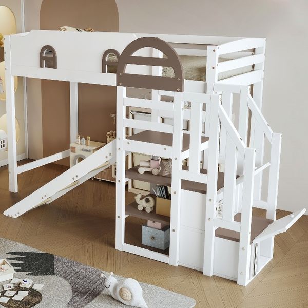 Novelux Etagenbett 90x200 cm mit Rutsche und Treppe – Kinderhochbett aus Kiefer, MDF und Sperrholz in Weiß/Braun, mit Fenster und 2 Staufächern