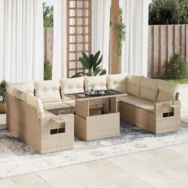 vidaXL 10-tlg. Garten-Sofagarnitur mit Kissen Beige Poly Rattan 3326539