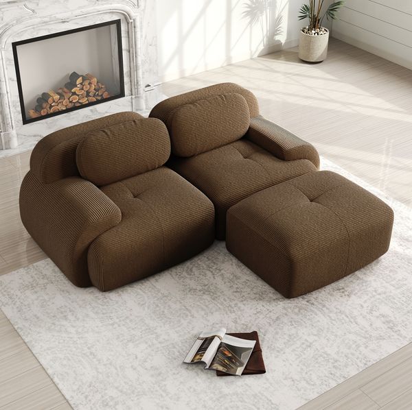 Ecksofa in Braun 75cm×208cm×178cm aus Cordstoff – modulares, rahmenloses Sofa mit geschwungenen Armlehnen