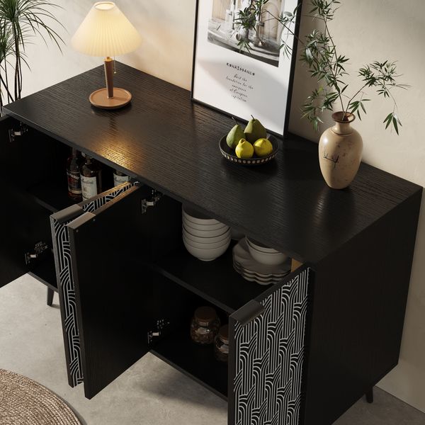 Sideboard 120x35x78 cm, schwarz-weißes Geometriemuster, verstellbare Einlegeböden，Schwarz
