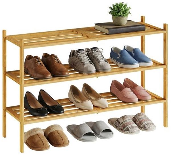 SONGMICS Bambus Schuhständer, stapelbares Schuhregal 3 Ebenen, platzsparend für Flur, Schlafzimmer, Wohnzimmer, naturfarben