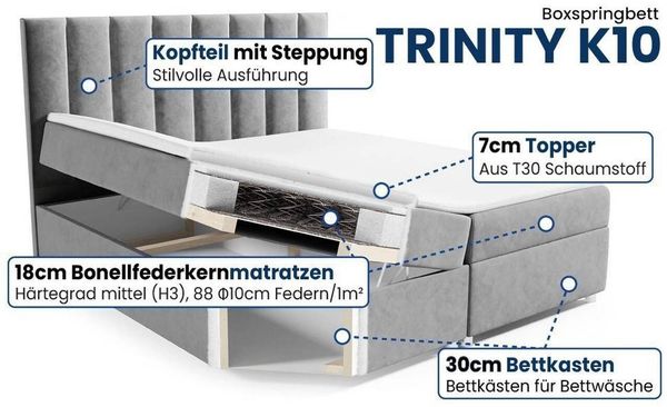 Best for Home Boxspringbett mit Bettkasten Trinity K-10 Bonellfederkern inkl. 7 cm Topper (140x200 160x200 180x200 200x200 cm), mit o. ohne Kopfteil, Flexible Liefermöglichkeiten, Handwerksqualität Bild 3