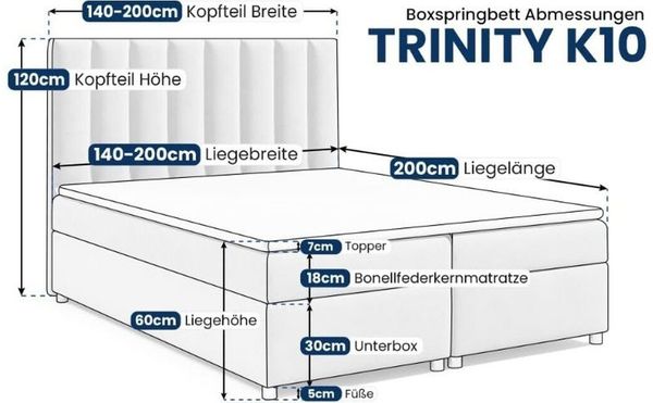 Best for Home Boxspringbett mit Bettkasten Trinity K-10 Bonellfederkern inkl. 7 cm Topper (140x200 160x200 180x200 200x200 cm), mit o. ohne Kopfteil, Flexible Liefermöglichkeiten, Handwerksqualität Bild 2