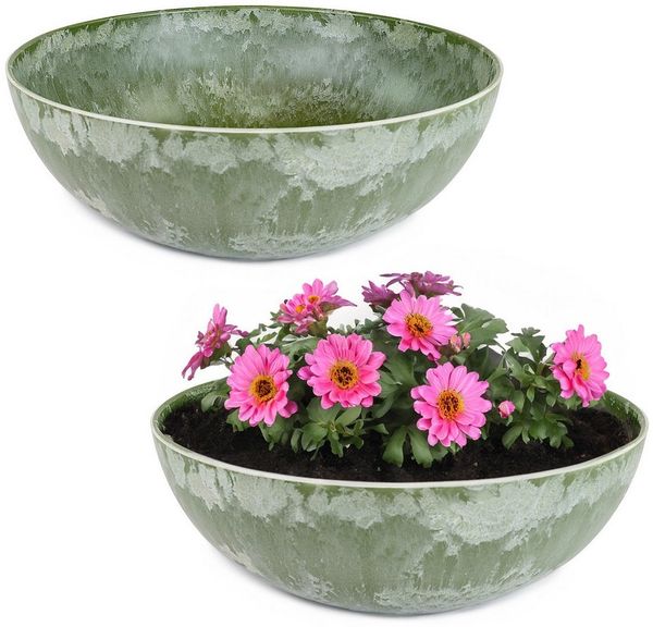 matches21 HOME & HOBBY Blumentopf Runde bauchige 20 cm Pflanzschale für draussen, grün marmoriert (2 St), Wetterfeste Blumen-Schale als moderne Gartendeko Grabschmuck