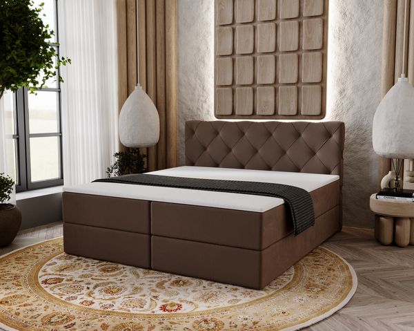 GRAINGOLD Napoli Doppelbett 140x200, Boxspringbett mit hohem Kopfteil und zwei Bettkästen, Velvet-Stoff, Braun