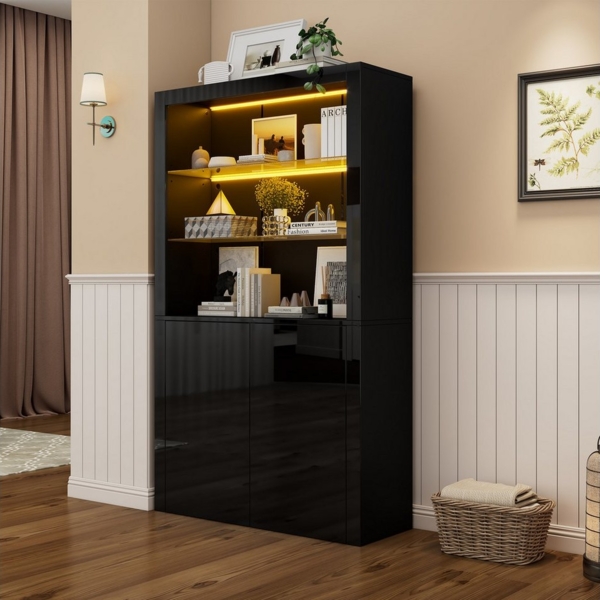OKWISH Vitrine Hochglanz-Aufbewahrungsschrank (Sideboard, Wohnzimmerschrank, Organizer, 1-St, Displayschicht aus gehärtetem Glas) mit LED-Leuchten