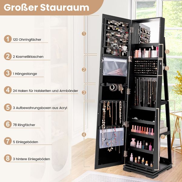 Schmuckschrank Spiegelschrank mit Ganzkörperspiegel und eingebautem Make-up-Spiegel Schwarz