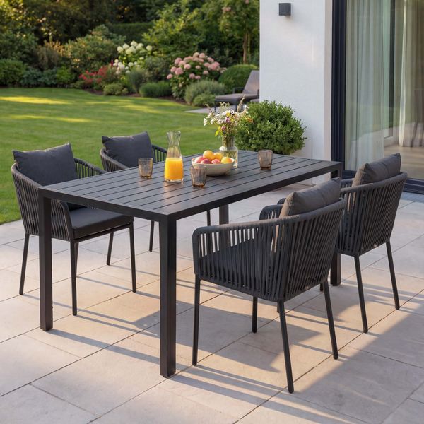 Gartengarnitur HWC-N41, Tisch+4xStuhl, wetterfest Alu 140x80cm, Seilgeflecht Rope ~ anthrazit, Kissen dunkelgrau