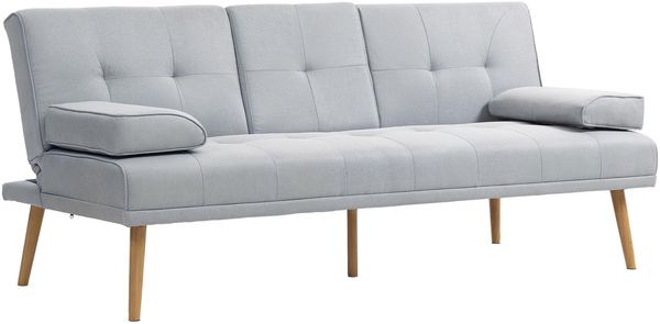 HOMCOM Schlafsofa, 3-Sitzer Sofa, Schlafcouch mit Klappbarem Tisch, Becherhalter, Bettsofa mit Leinenoptik, Couch Gästebet für Wohnzimmer, Hellgrau