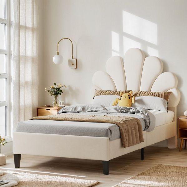 PXloue Polsterbett Einzelbett Kinderbett (Ideal für ein Märchenhaftes Kinderzimmer), Kopfteil in Blumenform,mit Lattenrost und Metallbeinen,90x200 cm