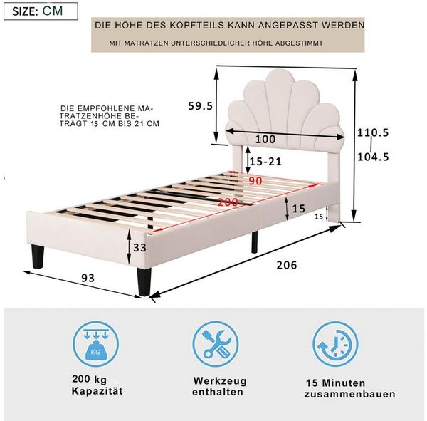 PXloue Polsterbett Einzelbett Kinderbett (Ideal für ein Märchenhaftes Kinderzimmer), Kopfteil in Blumenform,mit Lattenrost und Metallbeinen,90x200 cm Bild 3