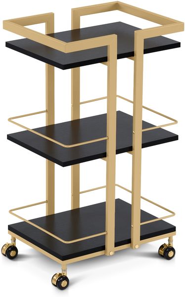 M MCombo Servierwagen mit Rollen, Küchenwagen Barwagen Metallgestell Schwarz-Gold, Moderne Rollwagen Mehrzweckwagen mit 3 Ebenen, für Küche Bad Wohnzimmer Büro, 0033