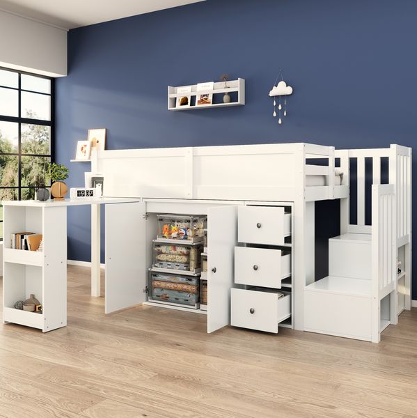Kinderhochbett 90x200 cm mit Schreibtisch, Schrank und Treppe – MDF in Weiß