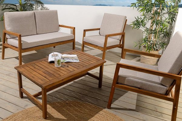 riess-ambiente Sitzgruppe BALI 110cm natur/beige – Akazie, honey finish, wetterfest, mit Kissen, (Set, 4-tlg), Balkonset aus Massivholz – ideal f. natürliche Terrassen und Balkone