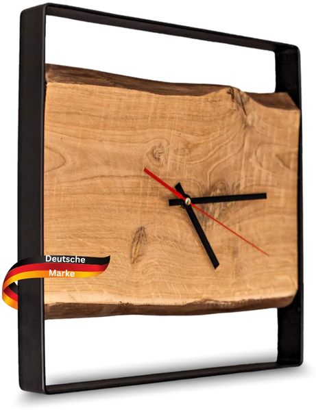 Wanduhr groß Holz EFFO [HANDGEFERTIGT] - 37x37cm, Eiche, Geräuschlos | Wohnzimmeruhr Holz-Metalloptik Küchenuhr Dekouhr