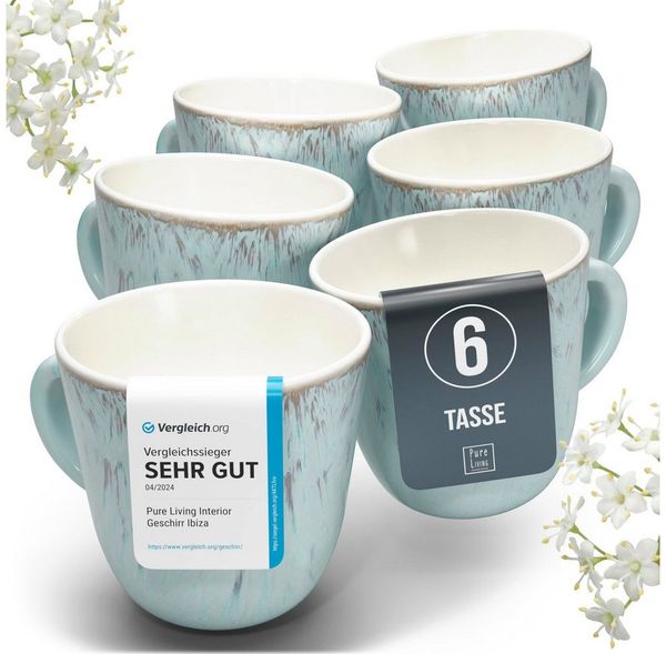 PURE LIVING INTERIOR DESIGN Geschirr-Set Steingut Kaffeetassen 6 Personen Ibiza TESTSIEGER, Traumhaftes Mediter (6-tlg), 6 Personen, Steingut, Mediterrane Handwerksoptik, Reaktive Glasur – jedes Stück einzigartig…