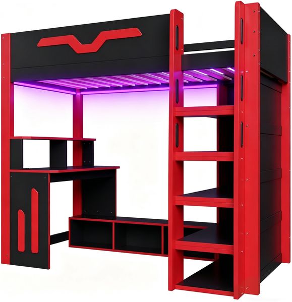 90x200 großes Hochbett aus Holz mit Schreibtisch, mehrstufigem Stauraum, LED-Beleuchtung und Treppe mit Stauraum, Schwarz. Bild 9