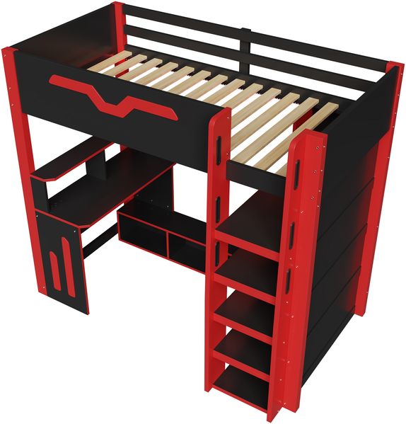 90x200 großes Hochbett aus Holz mit Schreibtisch, mehrstufigem Stauraum, LED-Beleuchtung und Treppe mit Stauraum, Schwarz. Bild 7