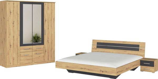 Schlafzimmer Burano in Eiche und Grau 4 teilig – mit verschiedenen Schrankvarianten wählbar - 4 teilig , Kleiderschrank 4 türig + 180er Doppelbett + 2 Nachttische