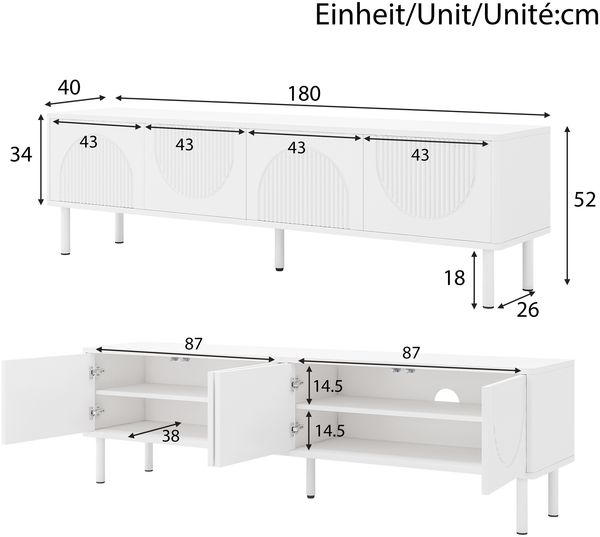 Merax 180cm TV-Lowboard mit Stauraum, matte Oberfläche & Kabelmanagement – minimalistisches Design, weiß Bild 4