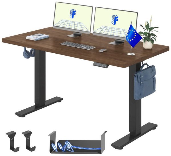 FLEXISPOT Schreibtisch Basic-Series Elektrisch höhenverstellbarer Schreibtisch (Anti-Kollisions-system, 2- Fach-Teleskop, mit Haken, LED-Display), 100/110/120/140/160, MIT einteilige Tischplatte, MADE in EU