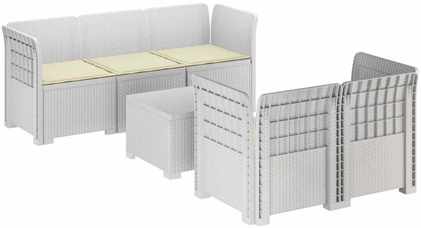vidaXL 5-Sitzer Gartensofa mit Kissen Rattan-Look PP Weiß 3443898