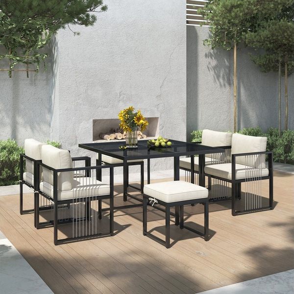 Merax Sitzgruppe aus Seil und verzinktem Eisen, (7-tlg, Gartengarnitur Gartenlounge Balkonmöbel), Gartenmöbel-Set für 6 Personen, Essgruppe mit Sessel, Hocker & Tisch