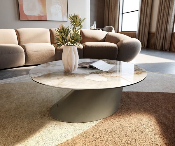 DELIFE Couchtisch Edge, Rund 90x90 cm Keramik Minas Melange Conis Metall Effektfinish Titan