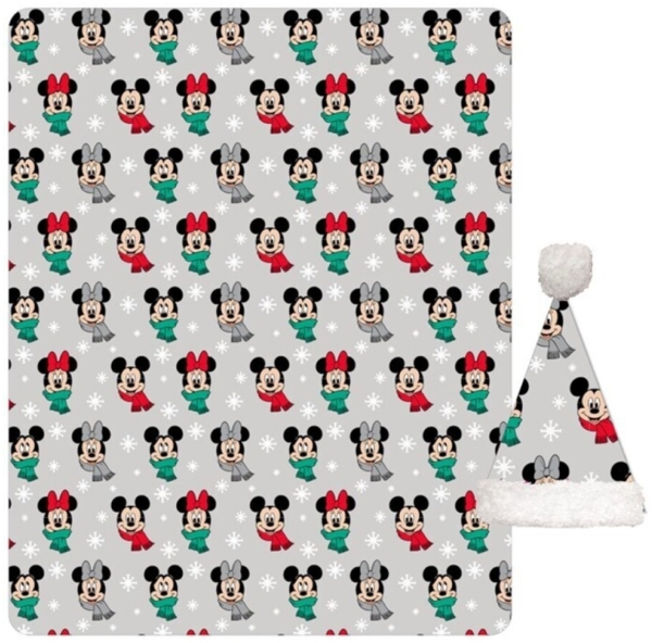 Disney Mickey Mouse 100x140 cm Weihnachtsset Kuscheldecke mit Weihnachtsmütze