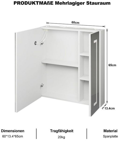 radelldar Spiegelschrank LED Badspiegelschrank mit Stauraum, Hängender Medizinschrank (1-St) mit 3 Lichtfarben & Speicherfunktion, 80 x 65 cm