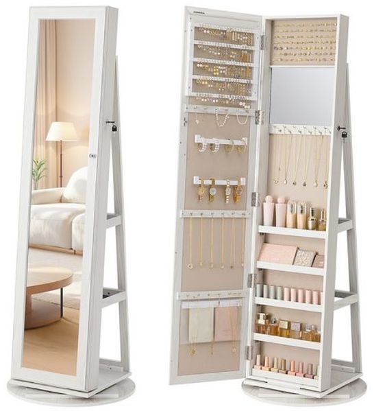 SONGMICS Schmuckaufbewahrung mit Spiegel, drehbar, abschließbar, Schmuckschrank für Schlafzimmer, Geschenkidee, weiß
