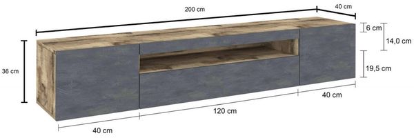 Dmora TV-Schrank Amore, niedriges Wohnzimmer-Sideboard mit 3 Türen, Fernsehständer-Basis, 100 % Made in Italy, 200 x 40 x 37 cm, Ahorn und Schiefer, Bild 3