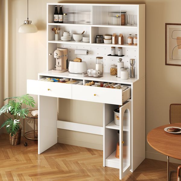 Merax Küchenschrank mit Arbeitsfläche, Sideboard und Hochschrank, integrierte Barfunktion, mit Hakenleiste, 2 Schubladen, verstellbarem Einlegeboden und offenem Stauraum, Weiß