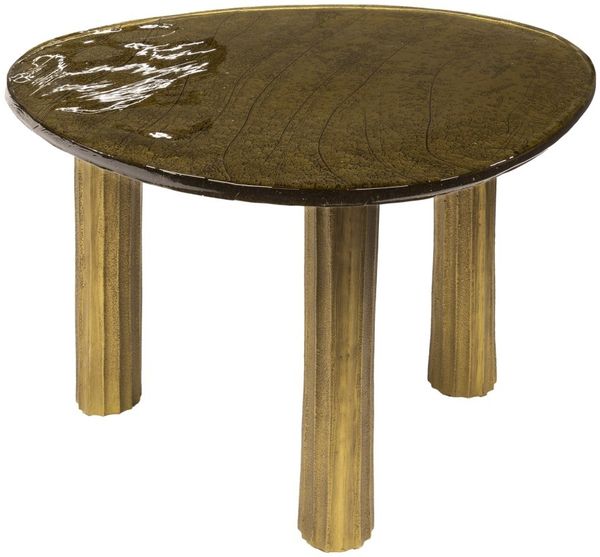 Couchtisch Klidun Glas und Aluminium, modern organisches Design, Antikgold, Größe L