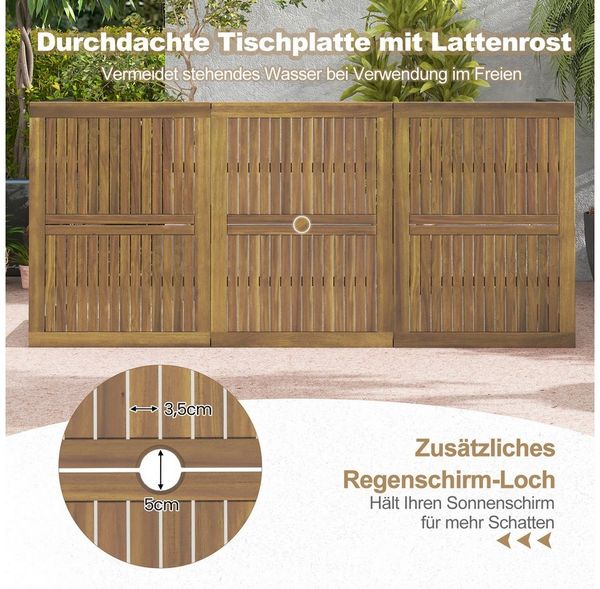 KOMFOTTEU Gartentisch, 200×90cm, mit 5cm Schirmloch für 8 Personen