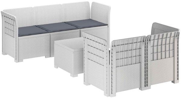 vidaXL 5-Sitzer Gartensofa mit Kissen Rattan-Look PP Weiß 3443901