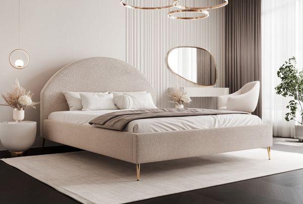 Goldstoff Polsterbett Elegantes Bett mit hohem Kopfteil und stilvollem Stauraum (120–200x200 cm, Kopfteilhöhe: 90/110 cm, Seitenhöhe: 25/40 cm), "CELESTE" – Modernes Komfortbett mit praktischem Stauraum