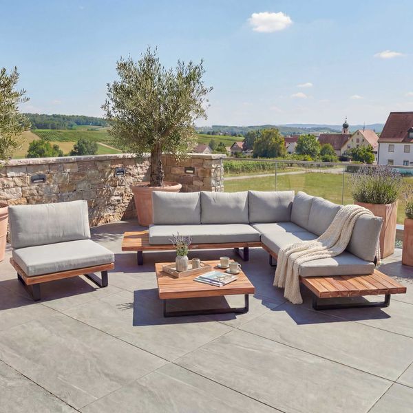 Garten-Garnitur mit Sessel HWC-H54, Lounge-Set Sofa, Spun Poly Akazie Holz FSC® Aluminium ~ hellbraun, Polster hellgrau