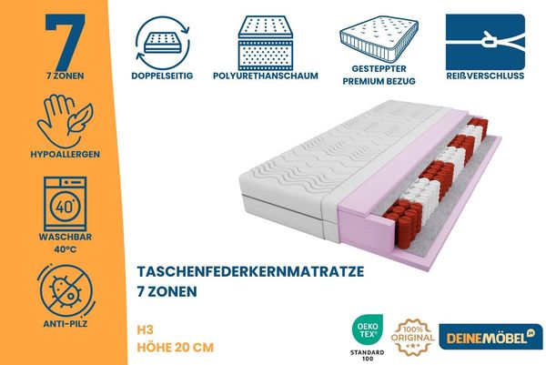 Taschenfederkernmatratze 7-Zonen 20 cm hoch Härtegrad H3, Deine Möbel 24, 20 cm hoch, (Set, 1-tlg), 7 Zonen, Bezug waschbar, Punktelastisch
