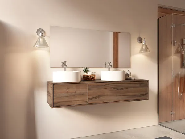 Vente-unique - ISAURE Waschbeckenmöbel Holz, Platte Braun - B 47 cm x H 32 cm x L 150 cm
