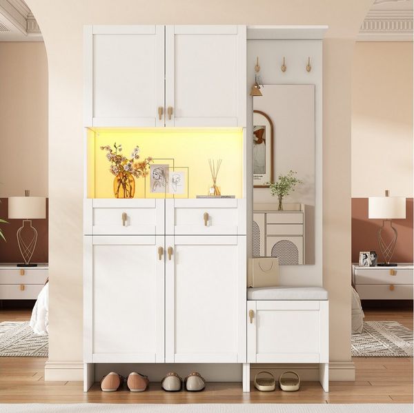 STILVORA Garderoben-Set mit sitzbank Garderobenständer mit Schuhbank Garderobe mit Schrank, (Garderoben-Set – moderne Flurmöbel Weiß, 1-St, B 120× H180× T33.5cm), 3 Haken, 5 Türen, 2 Schubladen