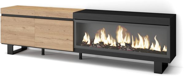 Skraut Home | TV-Schrank, Lowboard | für Wohnzimmer und Esszimmer | 210 | Für TV-Geräte bis zu 80" | Elektrokamin XXL | Industriedesign | Moderner Stil | Eiche Schwarz