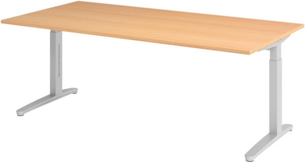 bümö manuell höhenverstellbarer Schreibtisch 200x100 in Buche, Gestell in silber - PC Tisch höhenverstellbar & groß, höhenverstellbarer Tisch Büro, großer Computertisch verstellbar, X2E-6-SS
