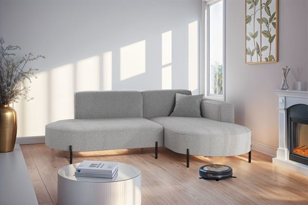 Ecksofa Designersofa VALENCIA XS in Stoff Quelle Hellgrau Ottomane Rechts