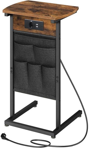 C-förmiger Beistelltisch mit Ladestation und Vliestaschen Vintagebraun/Schwarz