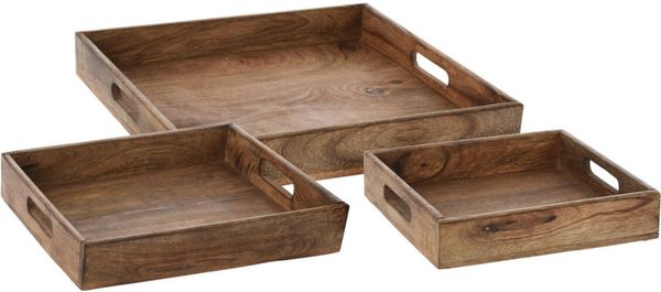 Koopman Tablett Serviertablett Holztablett Frühstückstablett Tablett 3tlg Mangoholz, Holz, (3-tlg), Massivholz, 27x27cm, 30x30cm, 24x24cm, Braun