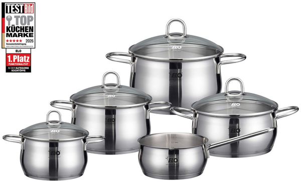 Elo Topf-Set Platin, Edelstahl 18/10 (Set, 9-tlg, 1 Bratentopf 20 cm, je 1 Fleischtopf 16/20/24 cm, 1 Kasserolle 16 cm), Induktion