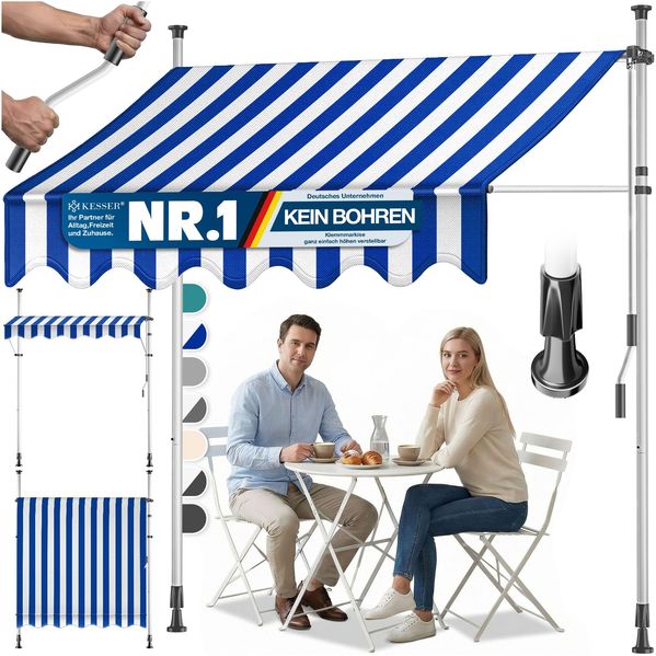 KESSER® Klemmmarkise mit Handkurbel Balkon, Balkonmarkise ohne Bohren, UV-beständig höhenverstellbar wasserabweisend , Sonnenschutz, Terrassenüberdachung , einfache Montage 400cm, Blau-Weiß