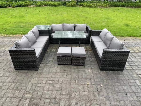 Fimous Rattan Gartenmöbel Set im Balkon Lounge Sofa Garten Esstisch Set mit Beistelltisch 2 kleine Fußhockern 11-Sitzer Dunkelgrau Gemischt